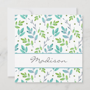 Mixed Teal, Green Watercolor Leaves Pattern Card