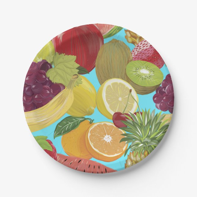 Mixed Tropical Fruit Illustration Pattern Paper Plate (Front)