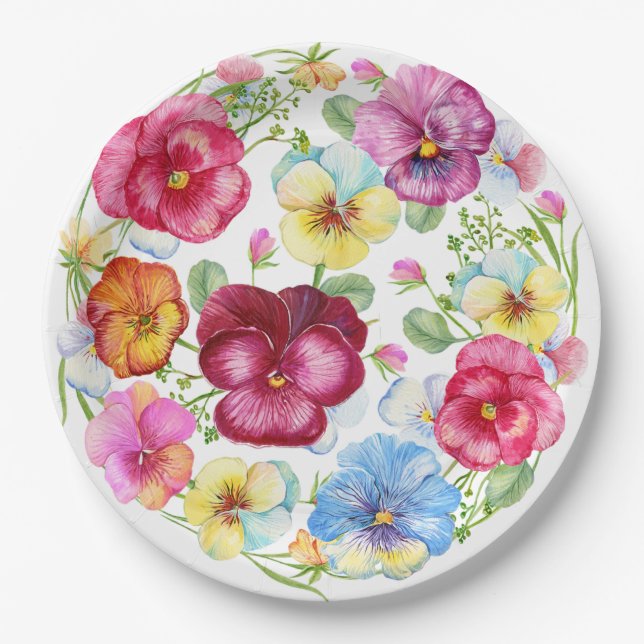 Mixed Watercolor Pansy Flowers  Paper Plate (Front)
