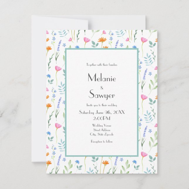 Mixed Watercolor Wildflowers Pattern Invitation (Front)