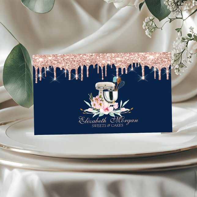 Mixer Flowers Glitter Drips Bakery Navy Blue Business Card (Creator Uploaded)