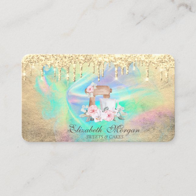 Mixer Flowers Gold Drips Holographic Ink  Bakery  Business Card (Front)
