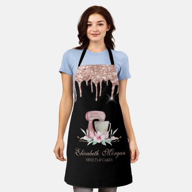 Mixer Flowers Rose Gold Drips Bakery Black  Apron (Worn)