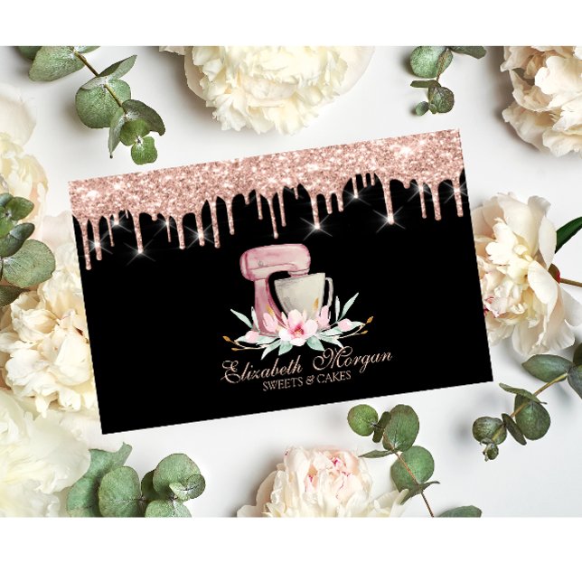 Mixer Flowers Rose Gold Drips Bakery Black  Business Card (Creator Uploaded)