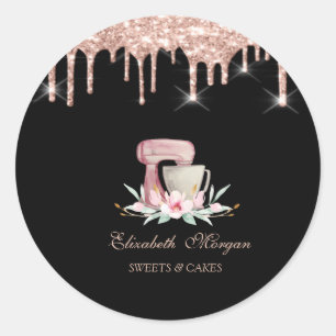 Mixer Flowers Rose Gold Drips Bakery Black  Classic Round Sticker