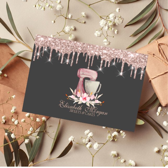 Mixer Flowers Rose Gold Drips Bakery   Business Card (Creator Uploaded)