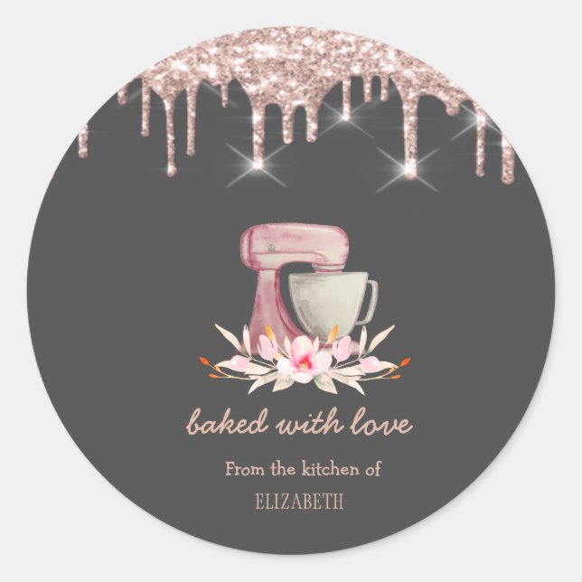Mixer Flowers Rose Gold Drips Bakery   Classic Round Sticker (Front)
