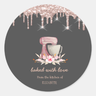 Mixer Flowers Rose Gold Drips Bakery   Classic Round Sticker