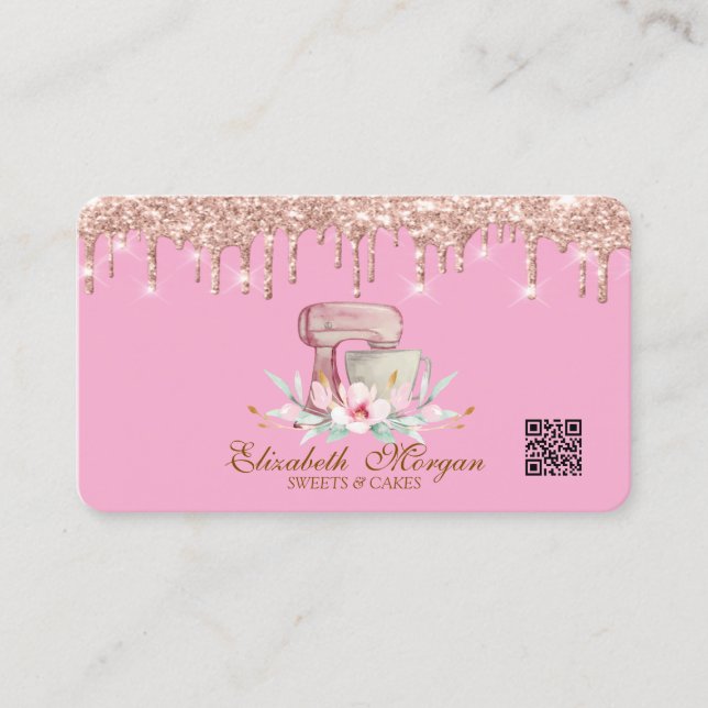 Mixer Flowers Rose Gold Drips QR Code Pink Business Card (Front)