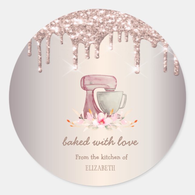 Mixer Flowers Rose Gold Glitter Drips Bakery    Classic Round Sticker (Front)