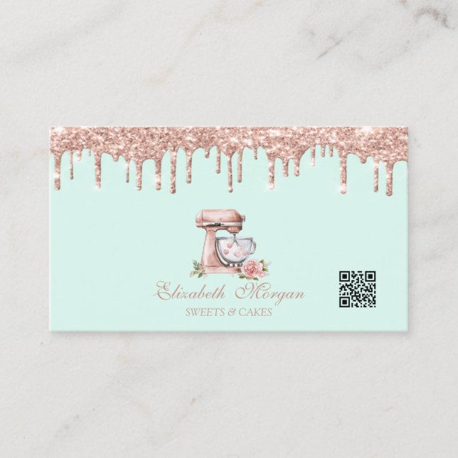 Mixer Hearts Flowers Rose Gold Drips QR Code  Business Card (Front)