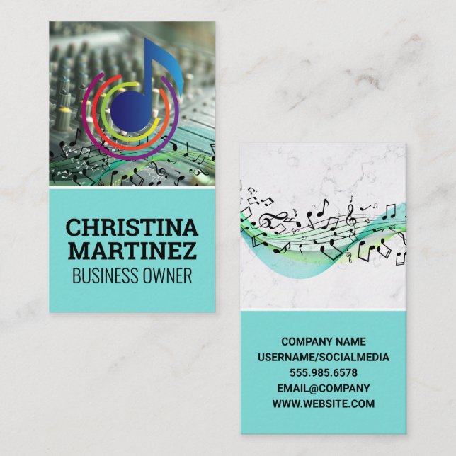 Mixer Instrument | Colourful Musical Notes Logo Business Card (Front/Back)