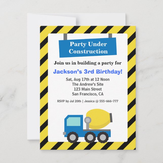 Mixer Truck Construction Theme kids Birthday Party Invitation (Front)