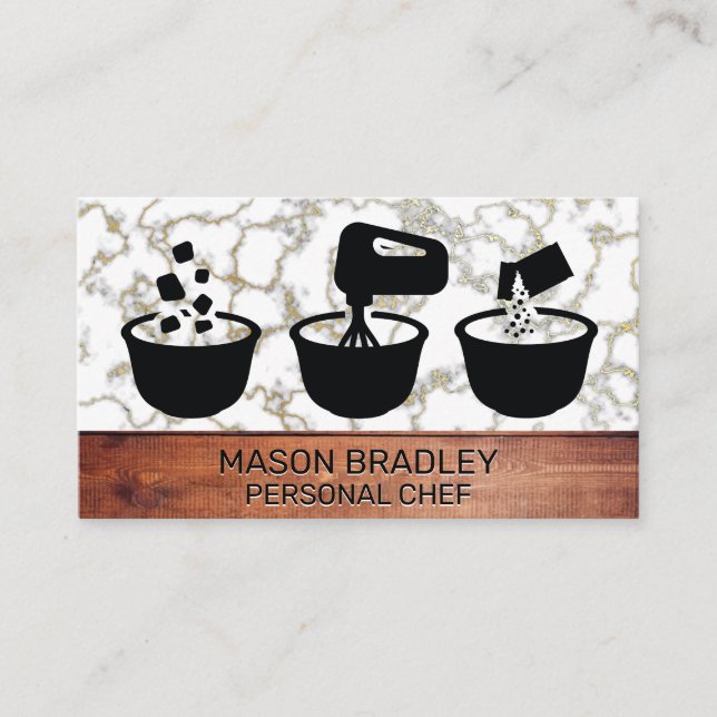 Mixing Bowls | Gold Marble | Wood Trim Business Card (Front)