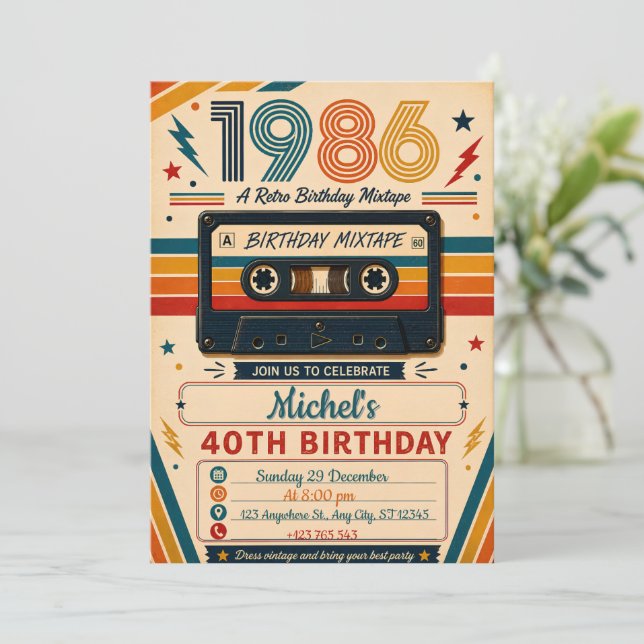 Mixtape Retro 40th Birthday  Invitation (Standing Front)