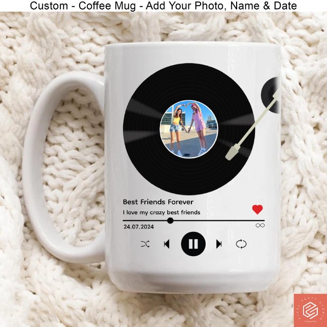 Mixtape Vinyl Record with Photo Bestie Birthday Coffee Mug (Custom Mixtape Vinyl Record with Photo Coffee Mug for Bestie Birthday.)