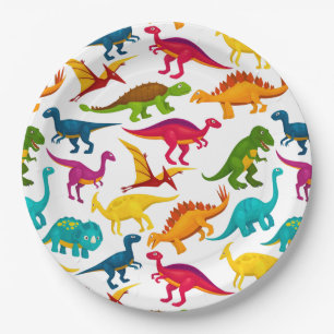 Mixture of Colourful Dinosaurs in Black Canvas Paper Plate