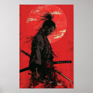 Miyamoto Musashi Vagabond Manga Style Red Backgrou Poster