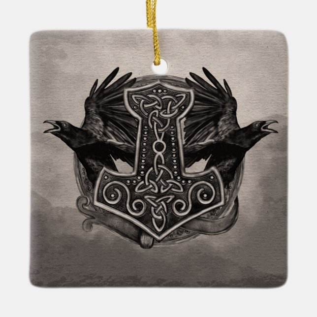 Mjolnir The hammer of Thor and ravens Ceramic Ornament (Front)