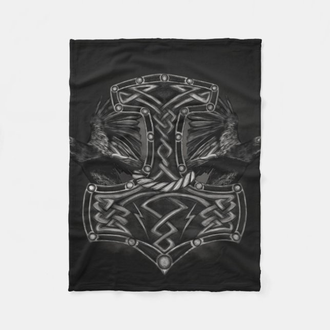 Mjolnir - The hammer of Thor and Ravens Fleece Blanket (Front)