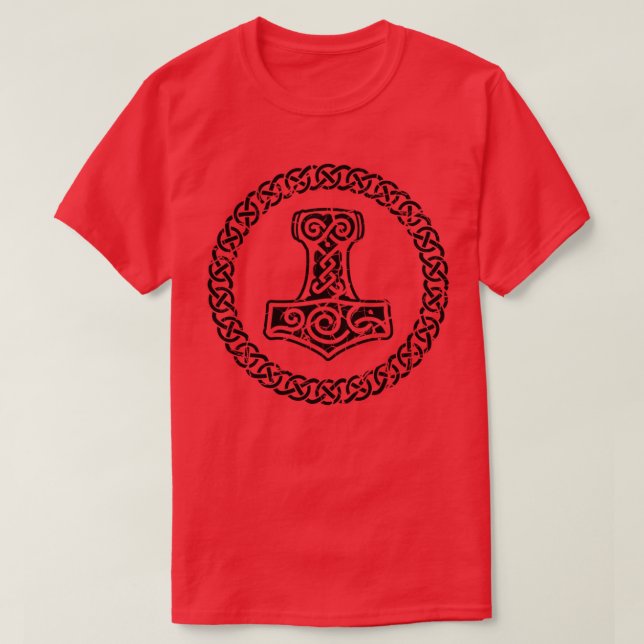 Mjolnir Thors Hammer Norse Viking Knotwork Black D T-Shirt (Design Front)