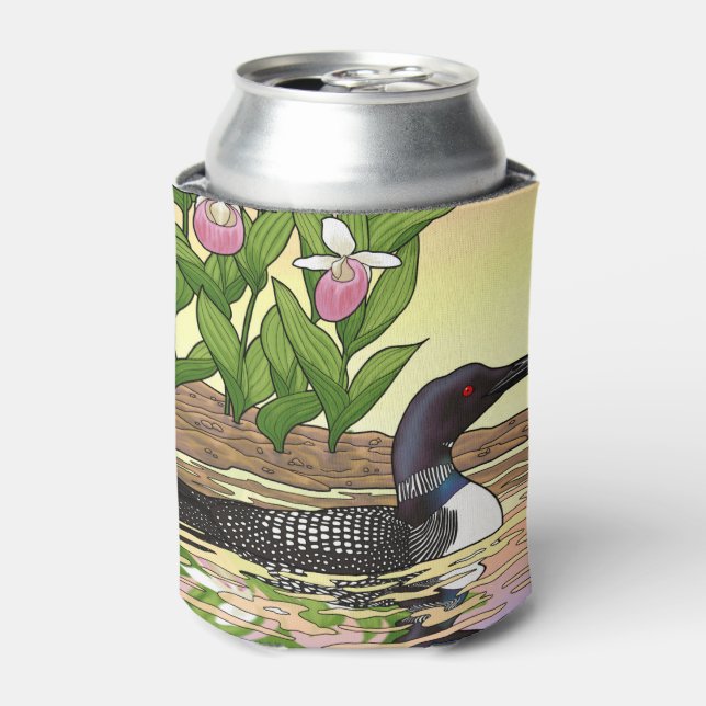MN State Bird Flower Loon Lady Slipper Can Cooler (Can Front)
