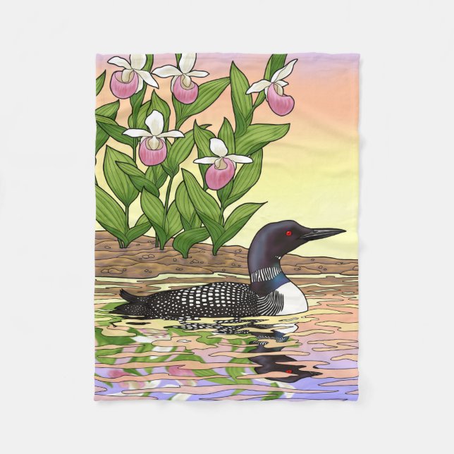 MN State Bird Flower Loon Lady Slipper Fleece Blanket (Front)