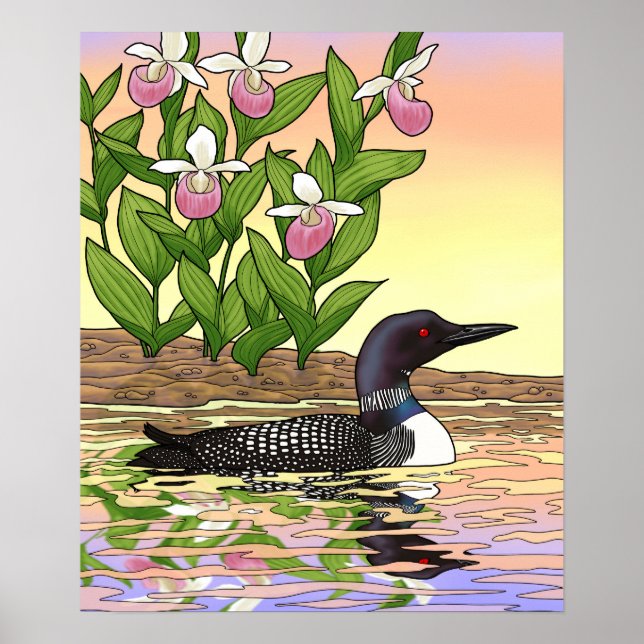 MN State Bird Flower Loon Lady Slipper Poster (Front)