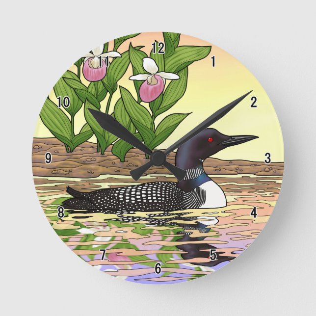 MN State Bird Flower Loon Lady Slipper Round Clock (Front)