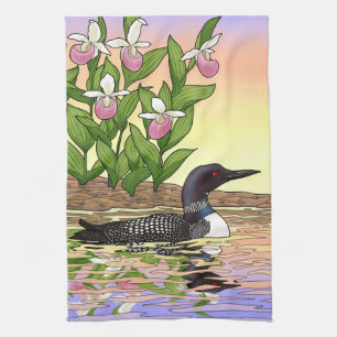 MN State Bird Flower Loon Lady Slipper Tea Towel