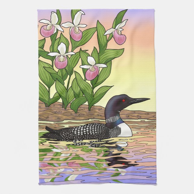 MN State Bird Flower Loon Lady Slipper Tea Towel (Vertical)