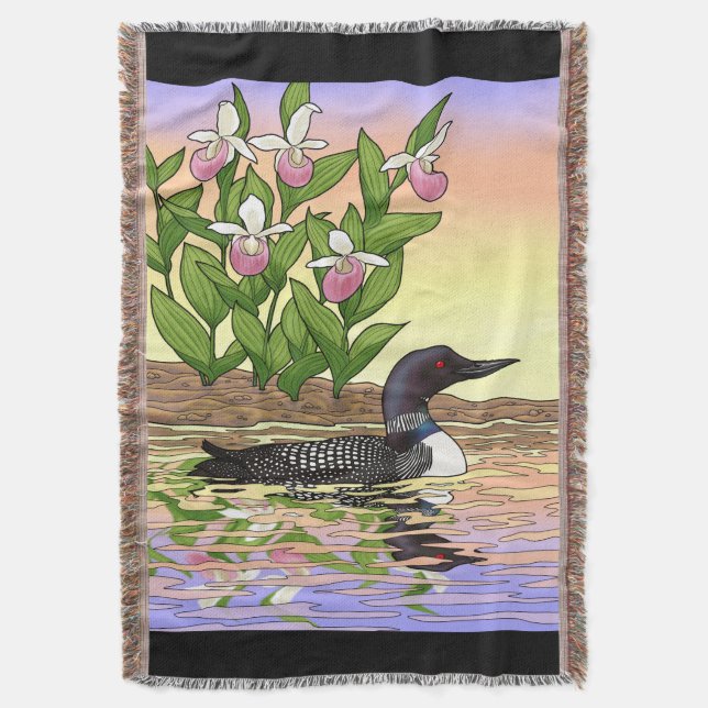 MN State Bird Flower Loon Lady Slipper Throw Blanket (Front Vertical)