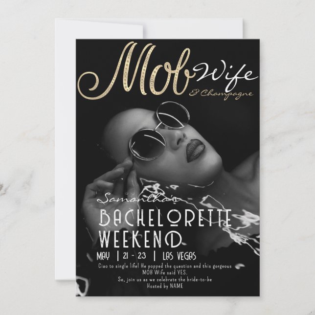 Mob Wife & Champagne Black Bach Bachelorette Party Invitation (Front)