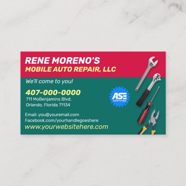 Mobile Automobile Car Repair Mechanic 2 Sided Business Card (Front)
