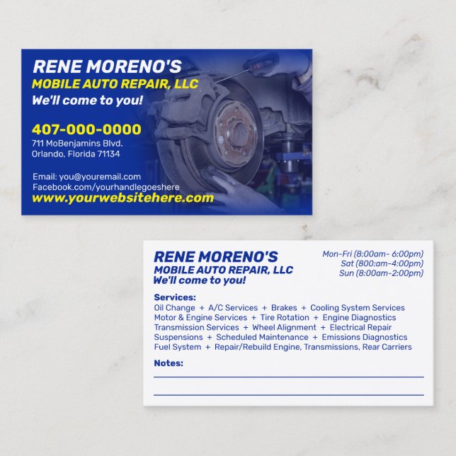 Mobile Automobile Car Repair Mechanic 2 Sided Business Card (Front/Back)