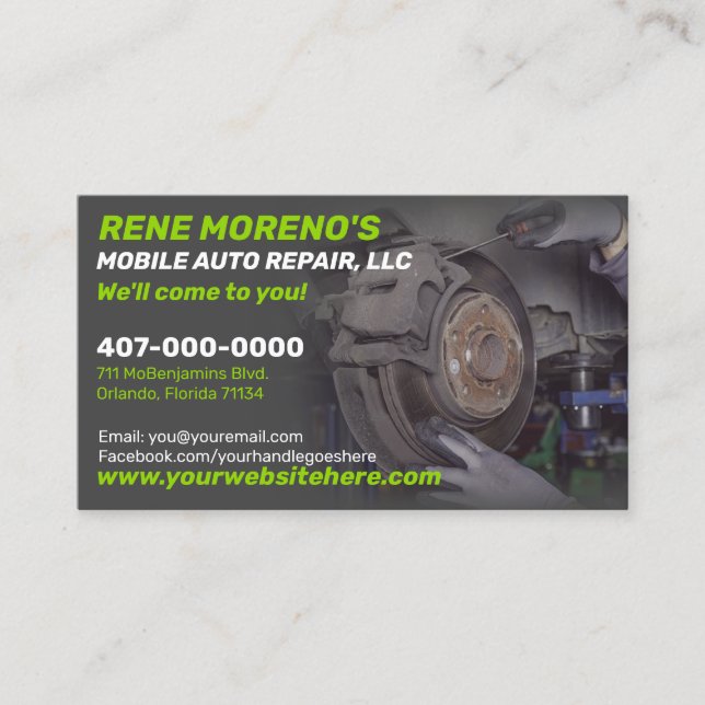 Mobile Automobile Car Repair Mechanic 2 Sided Business Card (Front)