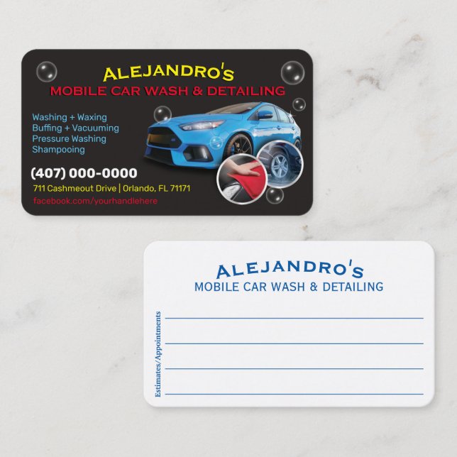 Mobile Car Wash & Detailing - Pressure Washing Tem Business Card (Front/Back)