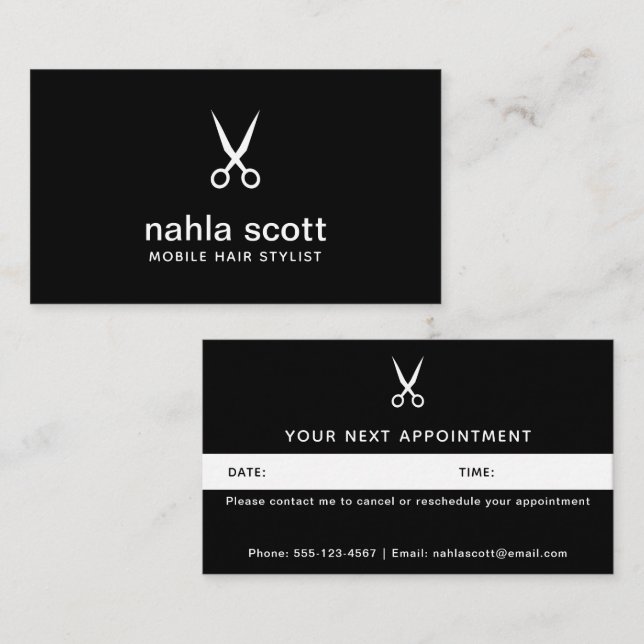 Mobile Hair Stylist Modern Black Scissors Appointment Card (Front/Back)