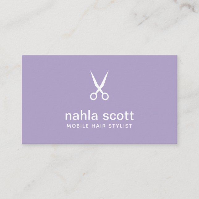 Mobile Hair Stylist Modern Purple Scissors Business Card (Front)