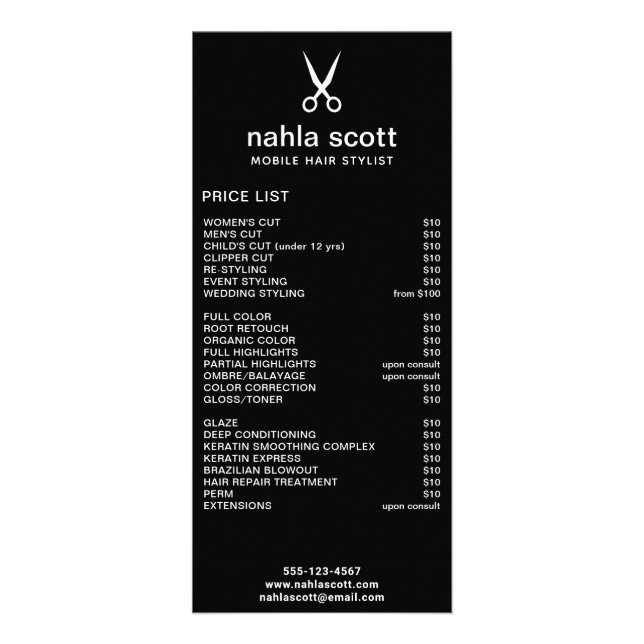 Mobile Hair Stylist Scissors Black Price List Rack Card (Front)