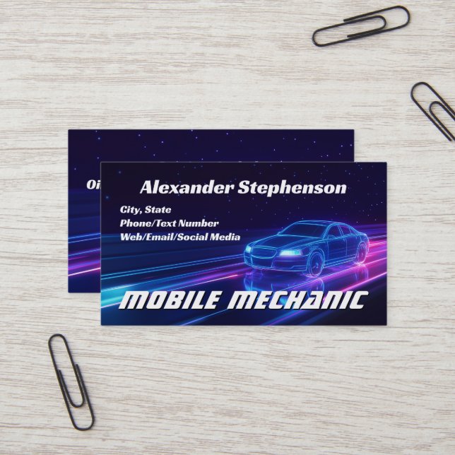 Mobile Mechanic Car Auto Repair Shop Purple Neon Business Card (Front/Back In Situ)