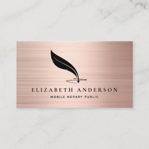 Mobile Notary Agent Quill Rose Gold Brushed Metal Business Card