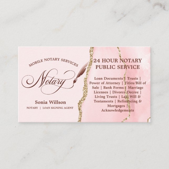 Mobile Notary and Loan Signing Agent Pink Flyer Business Card (Front)