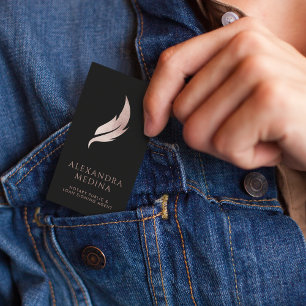 Mobile Notary Chic Rose Gold Feather Quill Logo  Business Card