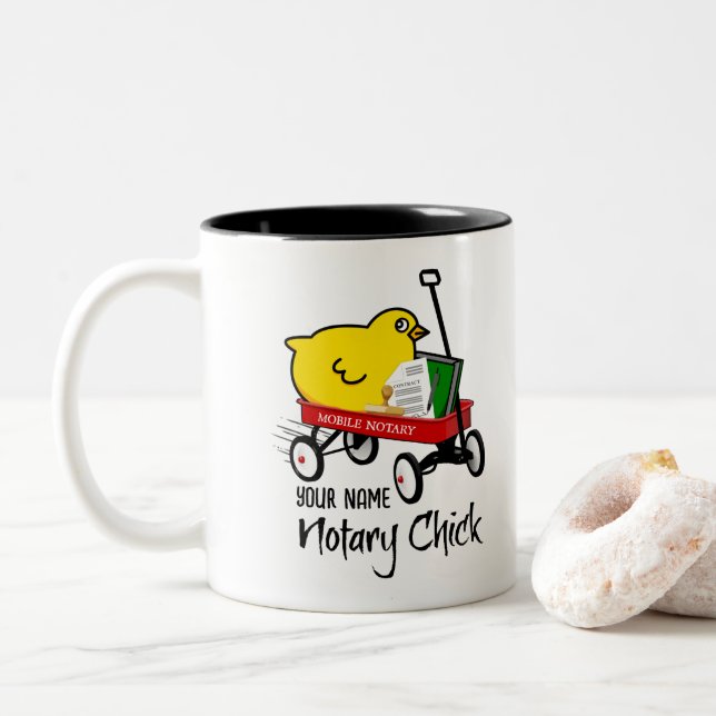 Mobile Notary Chick Red Wagon Customised Name Two-Tone Coffee Mug (With Donut)