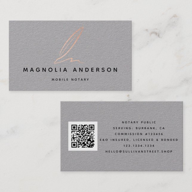 Mobile Notary Grey Gold Foil Quill QR Code  Business Card (Front/Back)