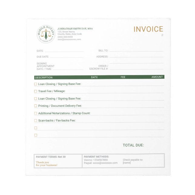 Mobile Notary Invoice Template Checklist Green Notepad (Front)