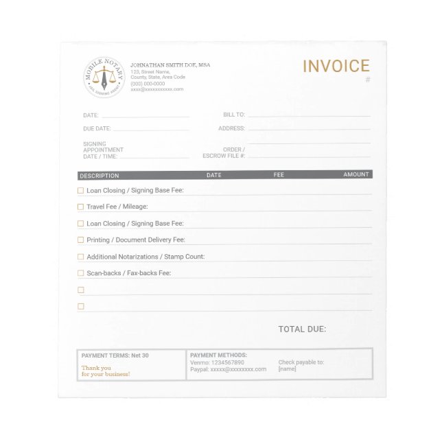 Mobile Notary Invoice Template Checklist Grey Notepad (Front)