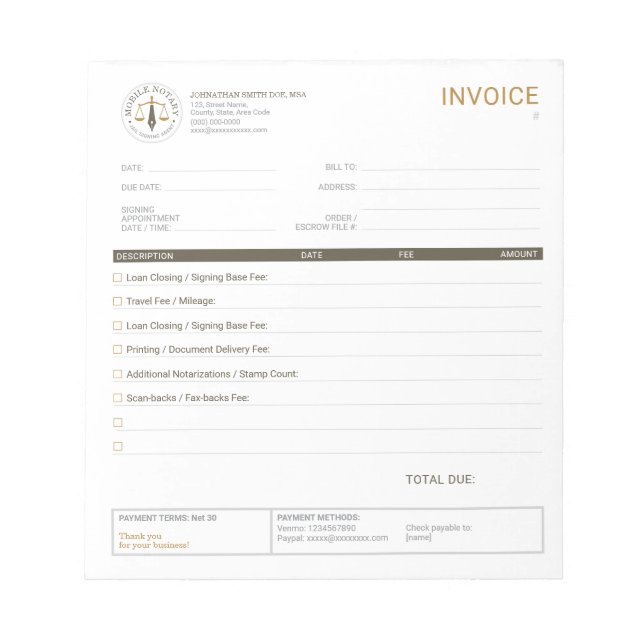 Mobile Notary Invoice Template Checklist Khaki Notepad (Front)