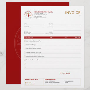 Mobile Notary Legal Signing Invoice Red Gold Custom Letterhead